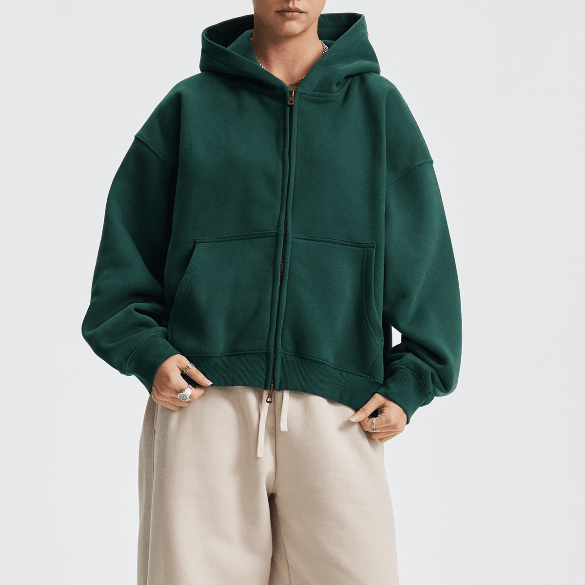 Boxy Cropped Fleece Zip-up Hoodie