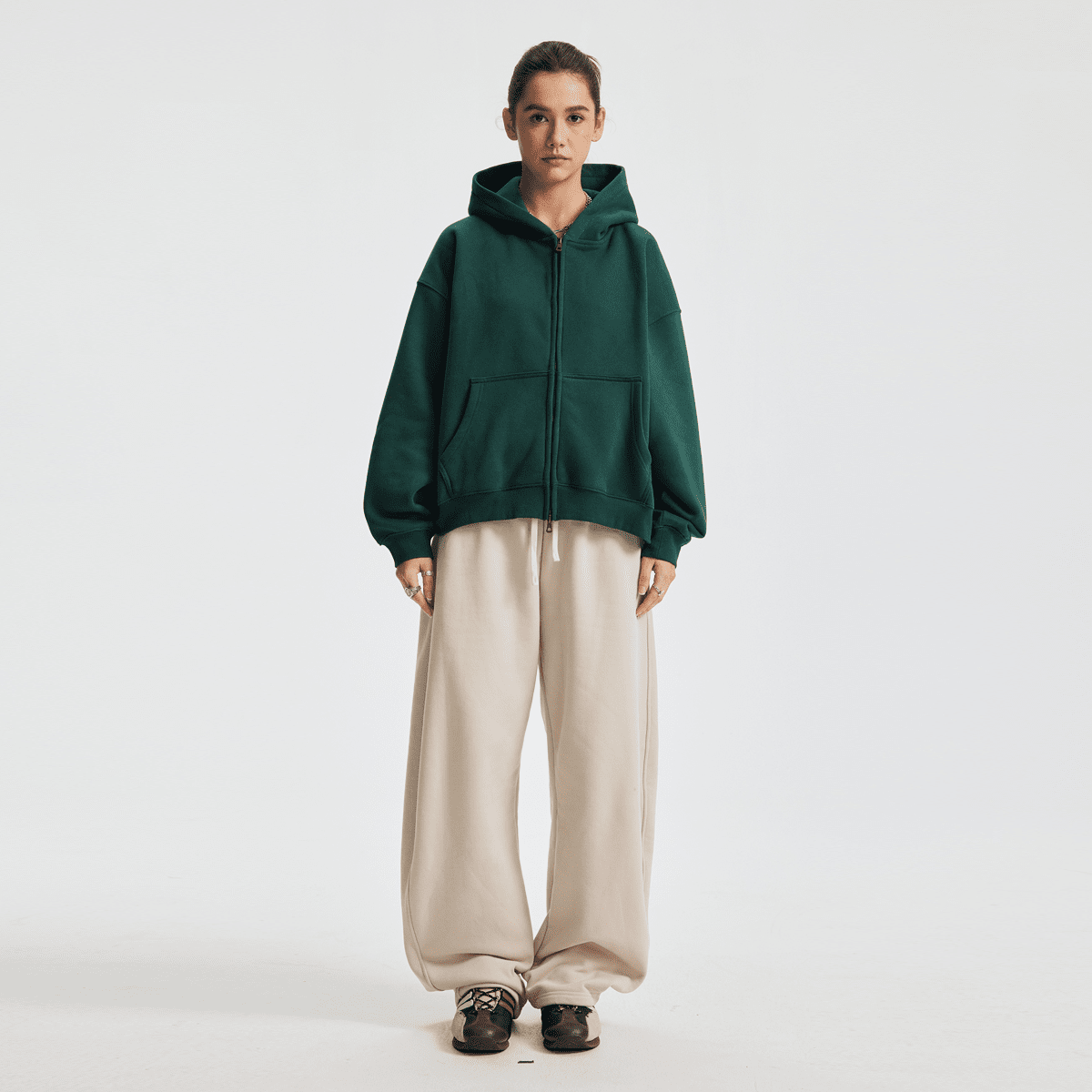 Boxy Cropped Fleece Zip-up Hoodie