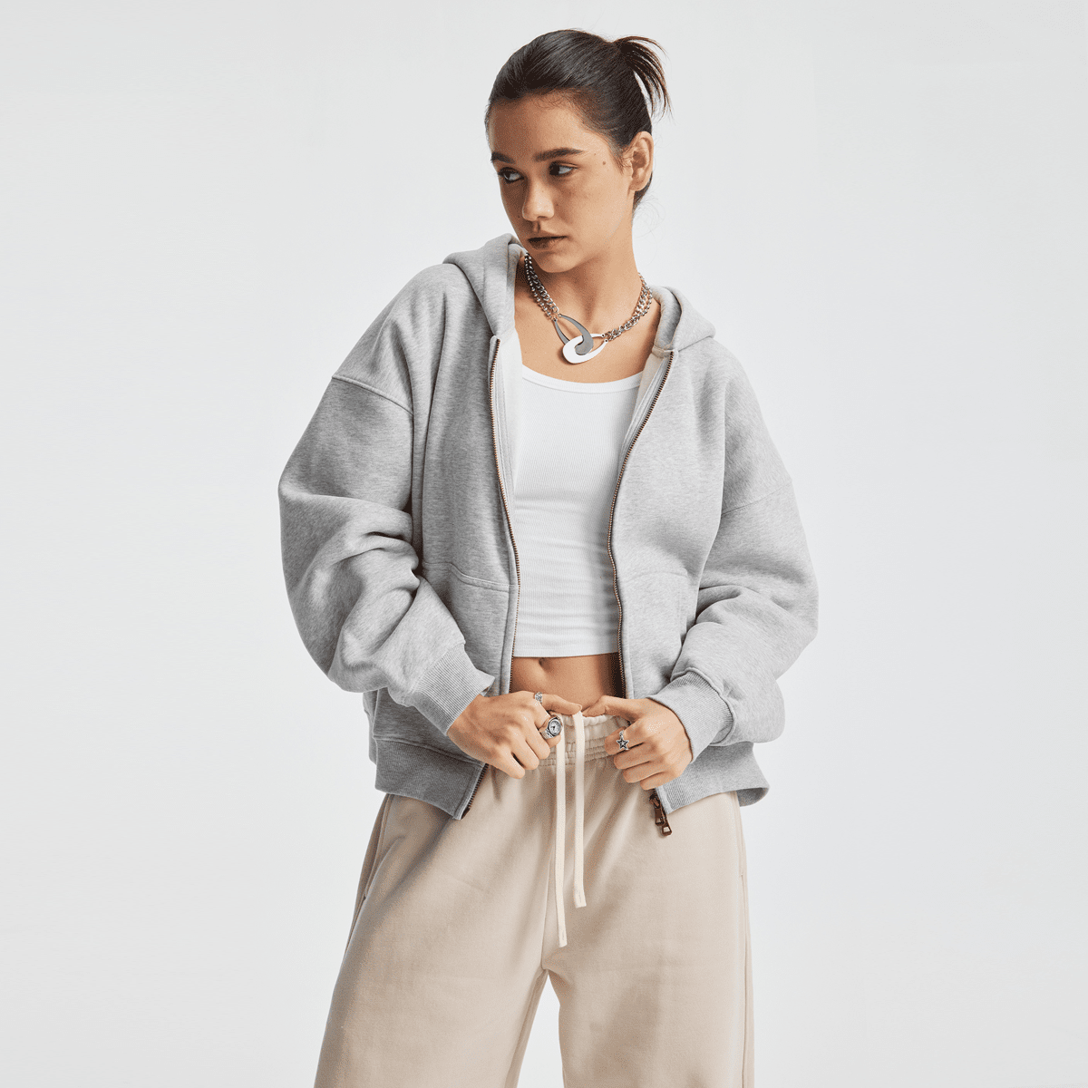 Boxy Cropped Fleece Zip-up Hoodie