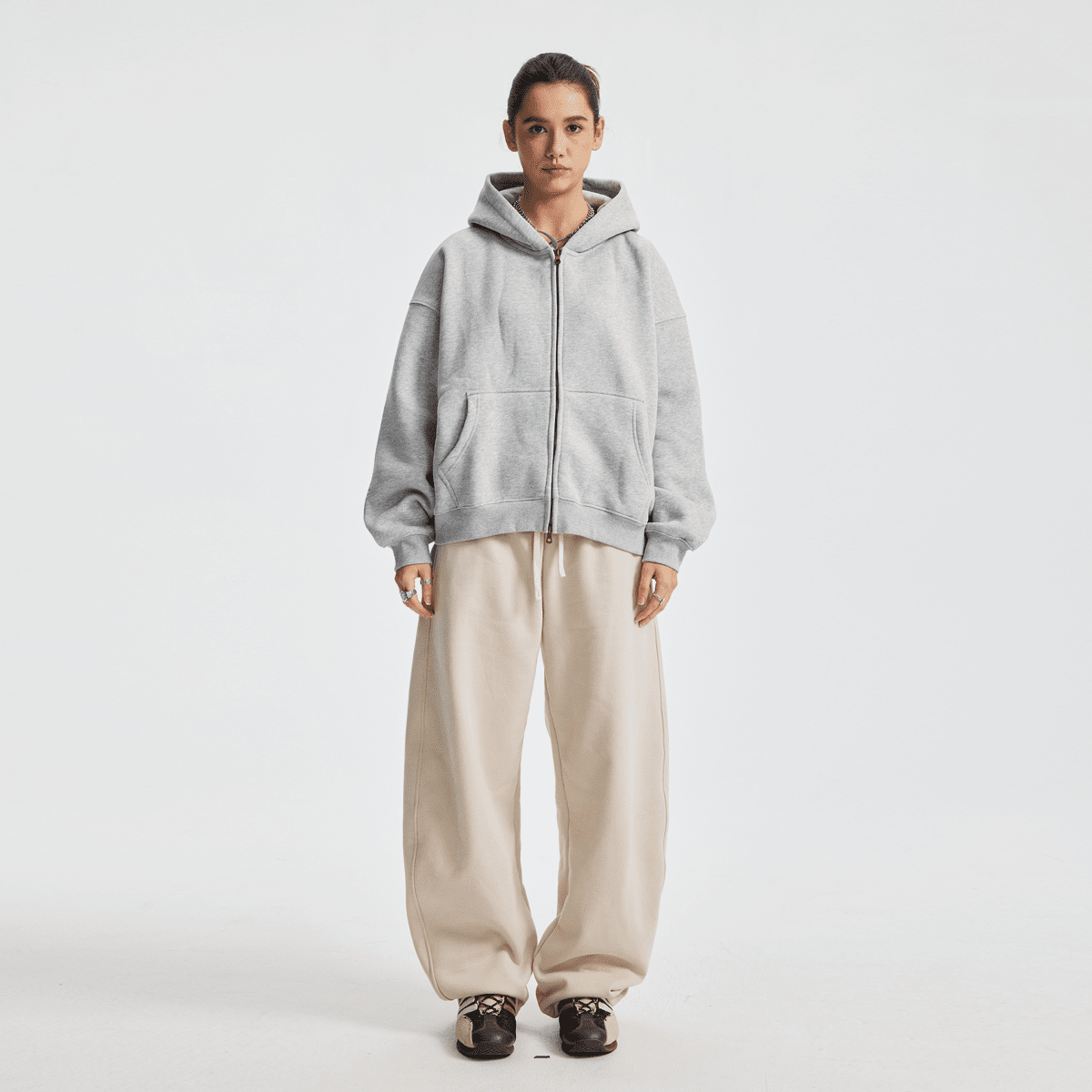 Boxy Cropped Fleece Zip-up Hoodie