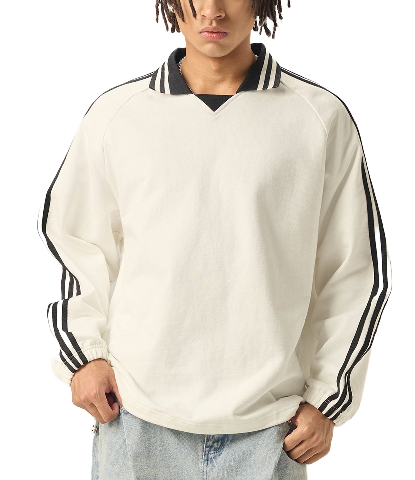 Contrast Striped Lapel Collar Sweatshirt